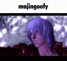 a video game character with purple hair and the words majingoofy on the bottom