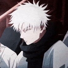 a close up of a person with white hair and a black scarf around their neck