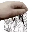 a close up of a person 's hand holding a drawing of a man in a suit .