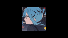 a close up of a blue haired anime girl with glasses