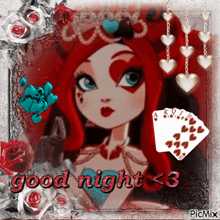 a picture of a girl with red hair and the words good night < 3 on the bottom
