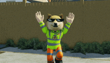 a cartoon dog wearing sunglasses and a yellow jacket with the word fedex on the front