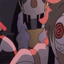 a close up of a cartoon character with a red circle on his face