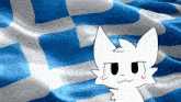 a white cat is standing in front of a blue and white flag