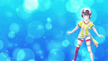 a girl in a baseball cap is dancing with her arms outstretched against a blue background