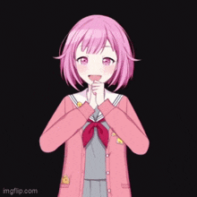 a girl with pink hair is wearing a pink cardigan and a sailor uniform .