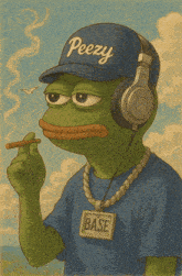 a frog wearing headphones and a hat that says peezy is smoking a cigarette
