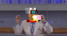 a man in a suit and tie has a pixelated face with a square in the middle