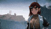 a girl with red hair is wearing goggles and a name tag