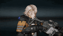 a video game character holding a gun with a triangle on the side