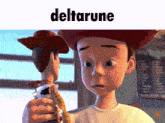 a boy from toy story is holding a woody doll and the word deltarune is above him .