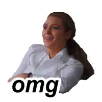 a woman in a white shirt has a sticker that says omg on it