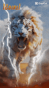 a painting of a white tiger with lightning behind it and the caption igdiril