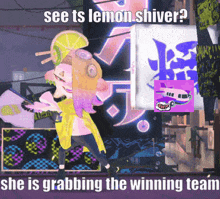 a cartoon character is standing in front of a sign that says " see ts lemon shiver "