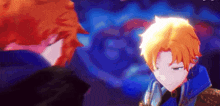 a couple of anime characters are standing next to each other and looking at each other .