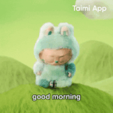 a doll in a frog costume says good morning on a green background