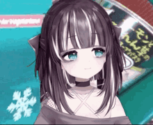 a close up of a girl 's face in front of a box of vegetables