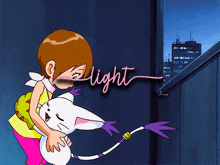 a cartoon girl is hugging a cat with the word light written above them