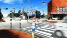 a girl in a school uniform is standing on a street corner
