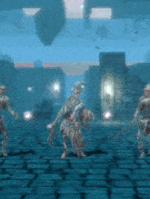 a group of skeletons are standing in a dark room holding swords