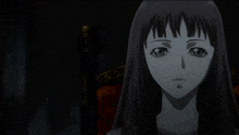 a girl with long dark hair is pointing up with her finger