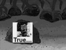 a black and white image with a picture of a man and the word true on it