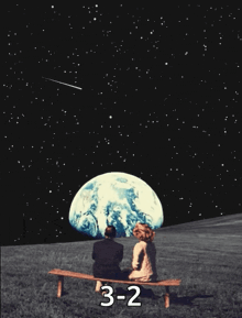 a man and a woman sit on a bench looking at the earth and a shooting star