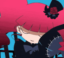 a cartoon character with pink hair and a black hat
