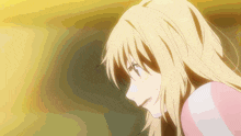 a close up of a blonde anime girl with a pink shirt on