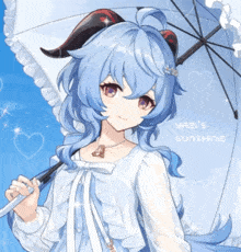 a girl with blue hair is holding a white umbrella with yazi 's sunshine written on it