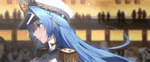 a girl with long blue hair is wearing a white hat with the letter n on it