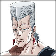 a close up of a man 's face with a ponytail and earrings on .