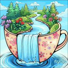 a cartoon drawing of a waterfall in a cup of tea