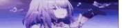 a purple haired anime girl is holding a butterfly in her hand in a purple background .