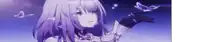 a purple haired anime girl is holding a butterfly in her hand in a purple background .