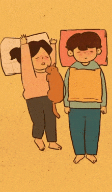 a drawing of a man and a woman sleeping with a cat