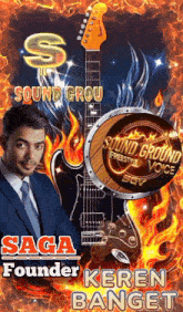a poster for saga founder keren banget with a guitar and fire