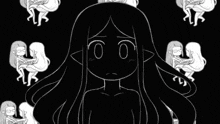 a black and white drawing of a girl with long hair and a sad look on her face