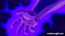 a close up of a person 's face with a purple background and smoke coming out of it .