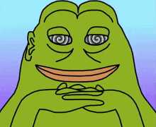 a cartoon of a green frog with hypnotic eyes and a smile on his face .
