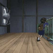 a cartoon character is standing on a wooden floor in front of a pink refrigerator