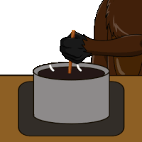 a cartoon of a person holding a stick over a pot of food