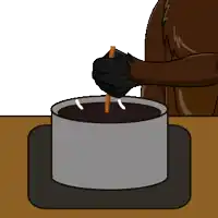 a cartoon of a person holding a stick over a pot of food