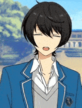 a boy in a school uniform is making a funny face with his eyes closed and his mouth open .
