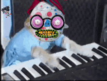 a cartoon character is playing a piano with a colorful face
