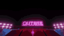 a neon sign that says out8ise is lit up in a dark room