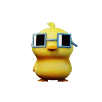 a yellow chicken wearing blue square sunglasses waving