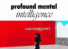 a picture of a person standing in front of a red wall with the words `` profound mental intelligence '' written on it .
