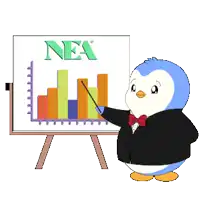a penguin in a tuxedo is standing next to a board that says nea