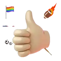 a hand giving a thumbs up with a rainbow flag a football and a baseball in the background